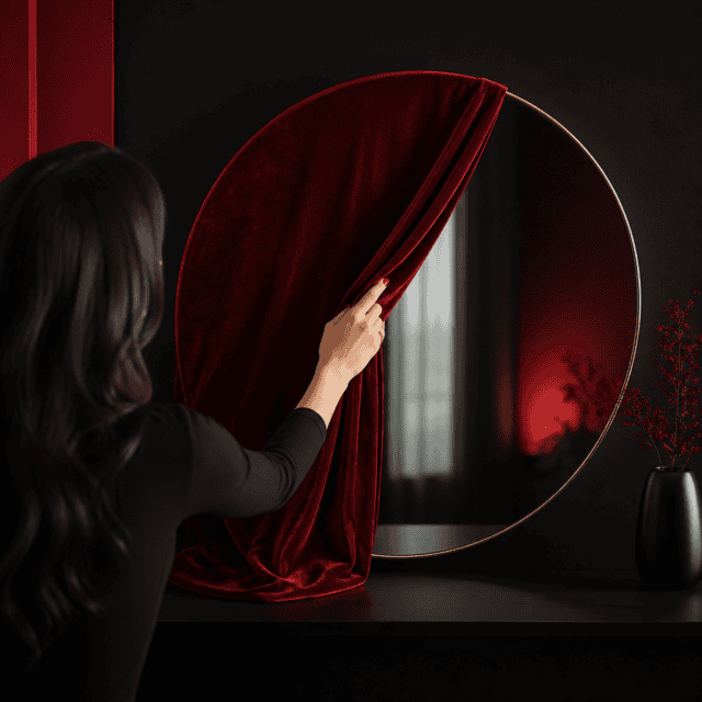 A woman’s hand gently lifts a red velvet cover from a round mirror, revealing reflection amid deep black surroundings.