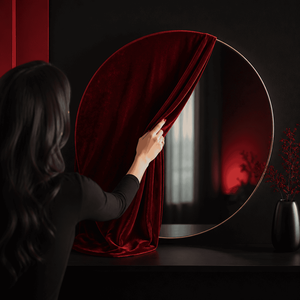 A woman’s hand gently lifts a red velvet cover from a round mirror, revealing reflection amid deep black surroundings.